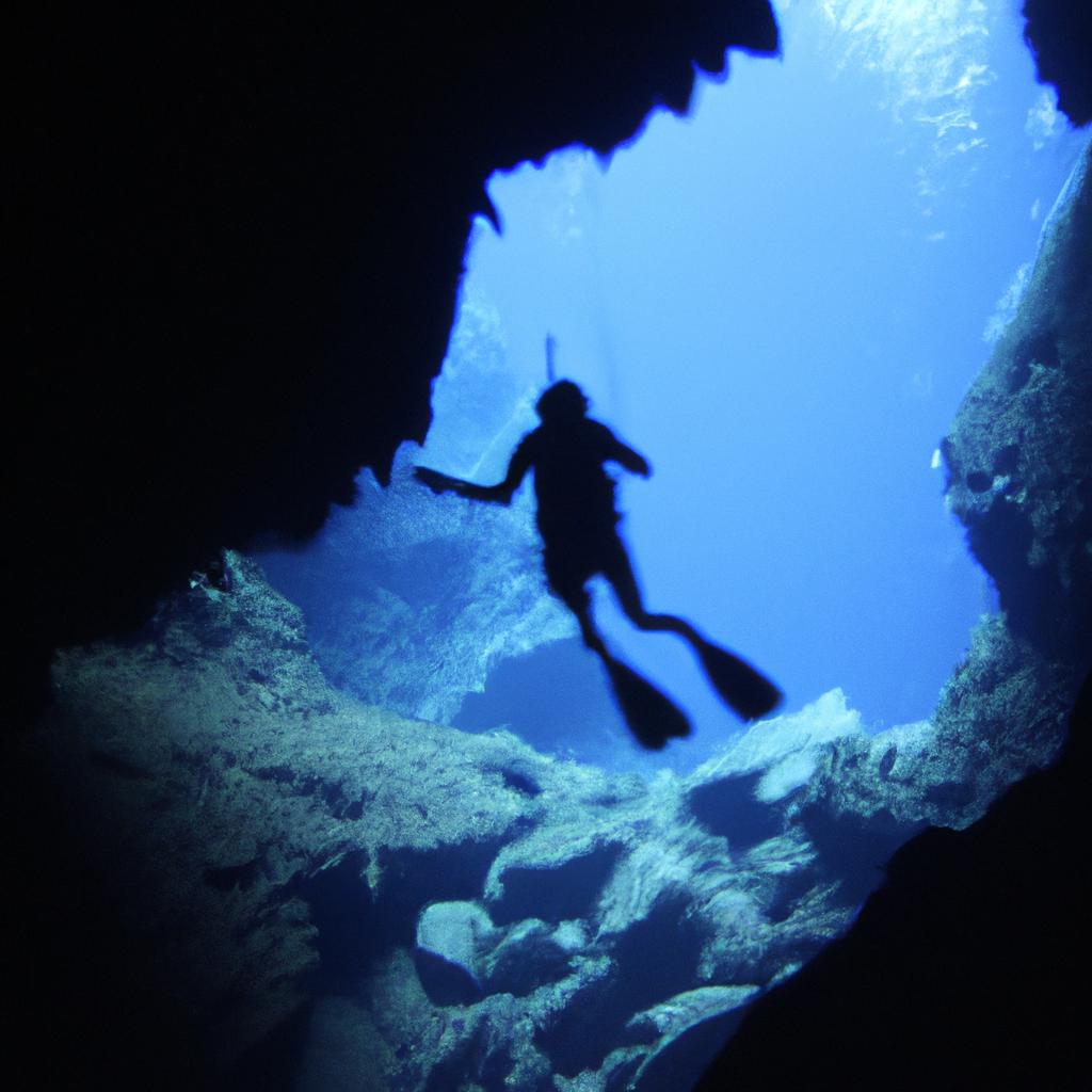 Person diving in underwater cave