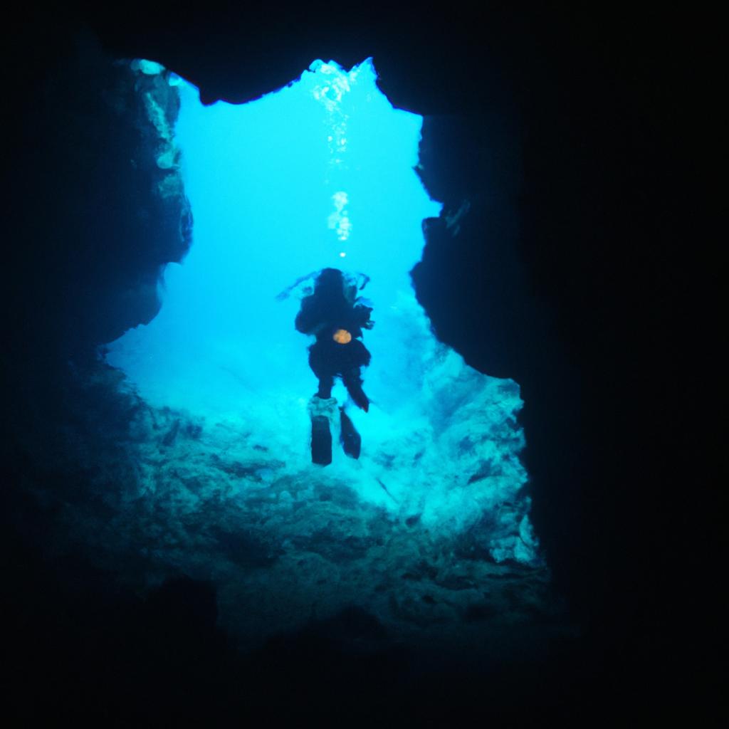 Person cave diving underwater exploration